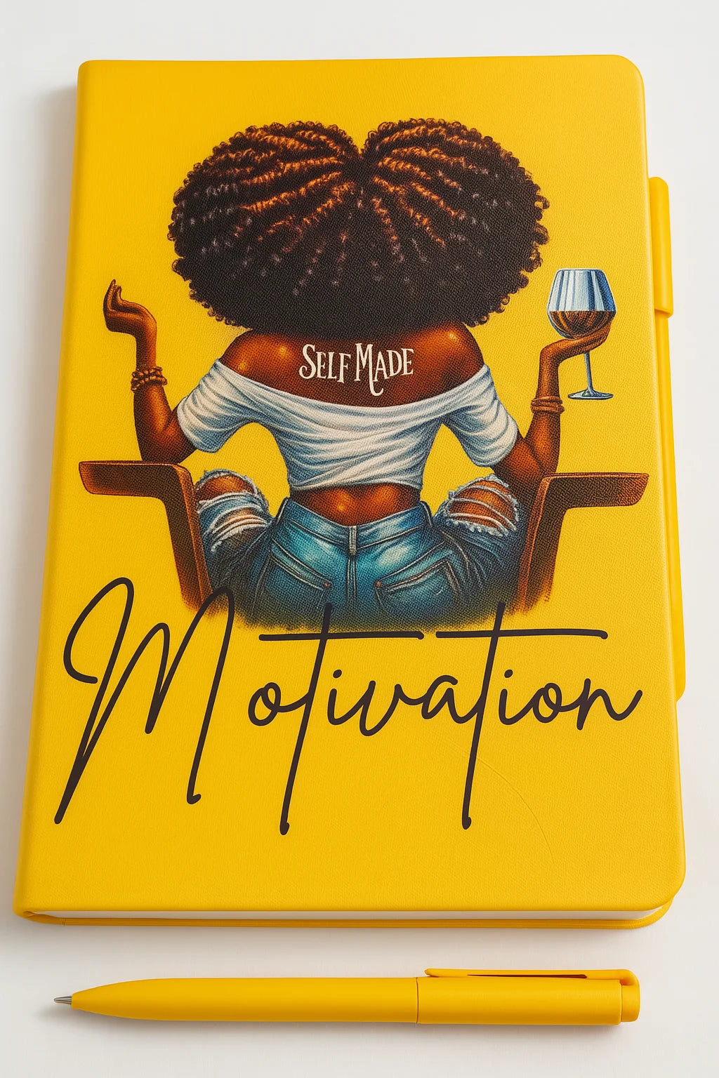 Luxury yellow hardcover “Self Made Motivation Journal” with empowering artwork, premium lined pages, and matching yellow pen