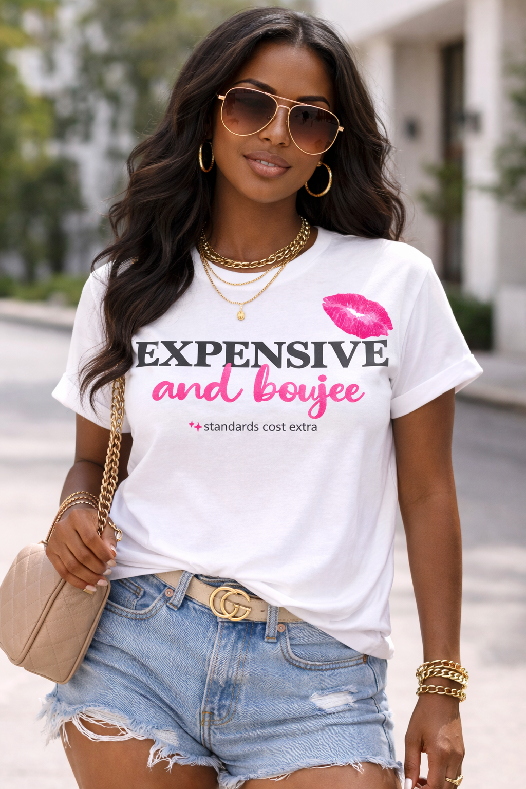 “Model wearing a yellow Bella+Canvas t-shirt featuring a bold afro art design with the phrase ‘I Am the Statement’ in black text.”