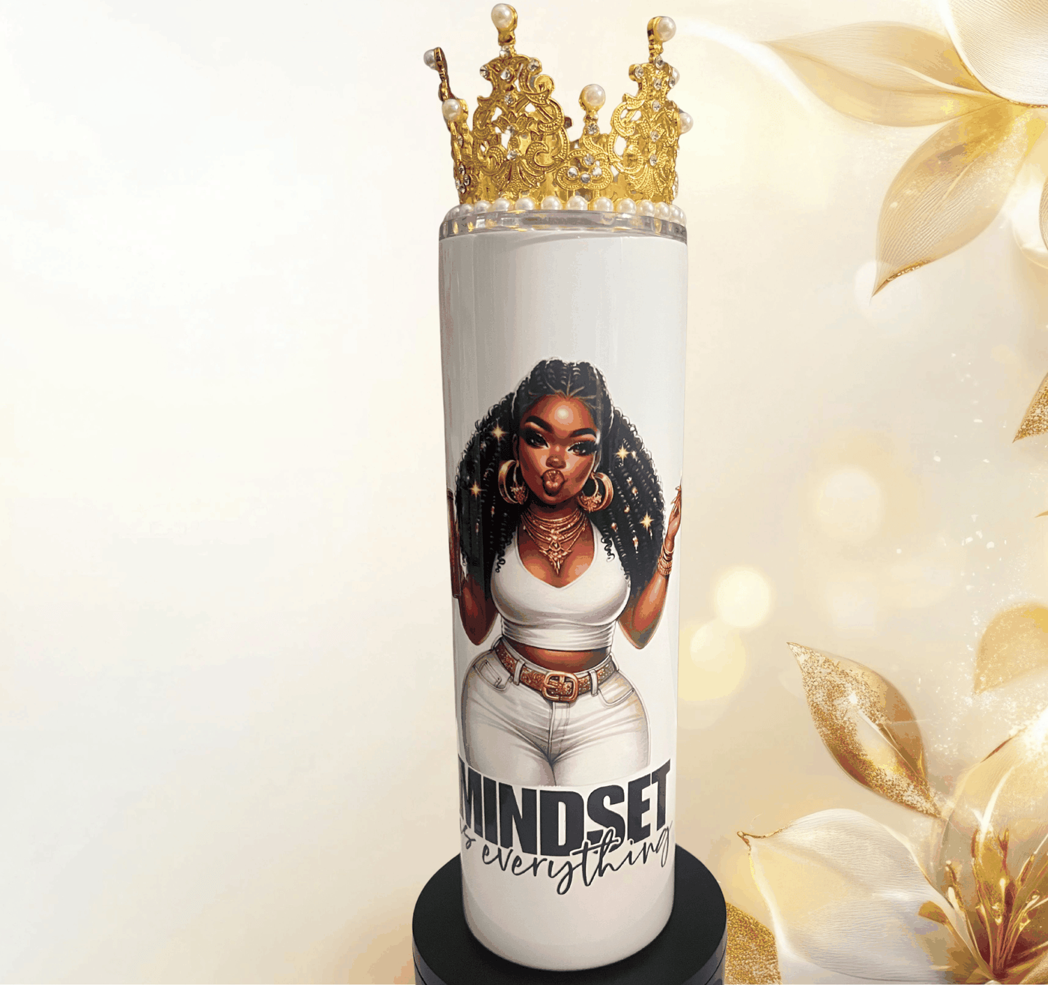 Mindset Is Everything stainless steel tumbler with jeweled gold crown topper for motivation and daily focus