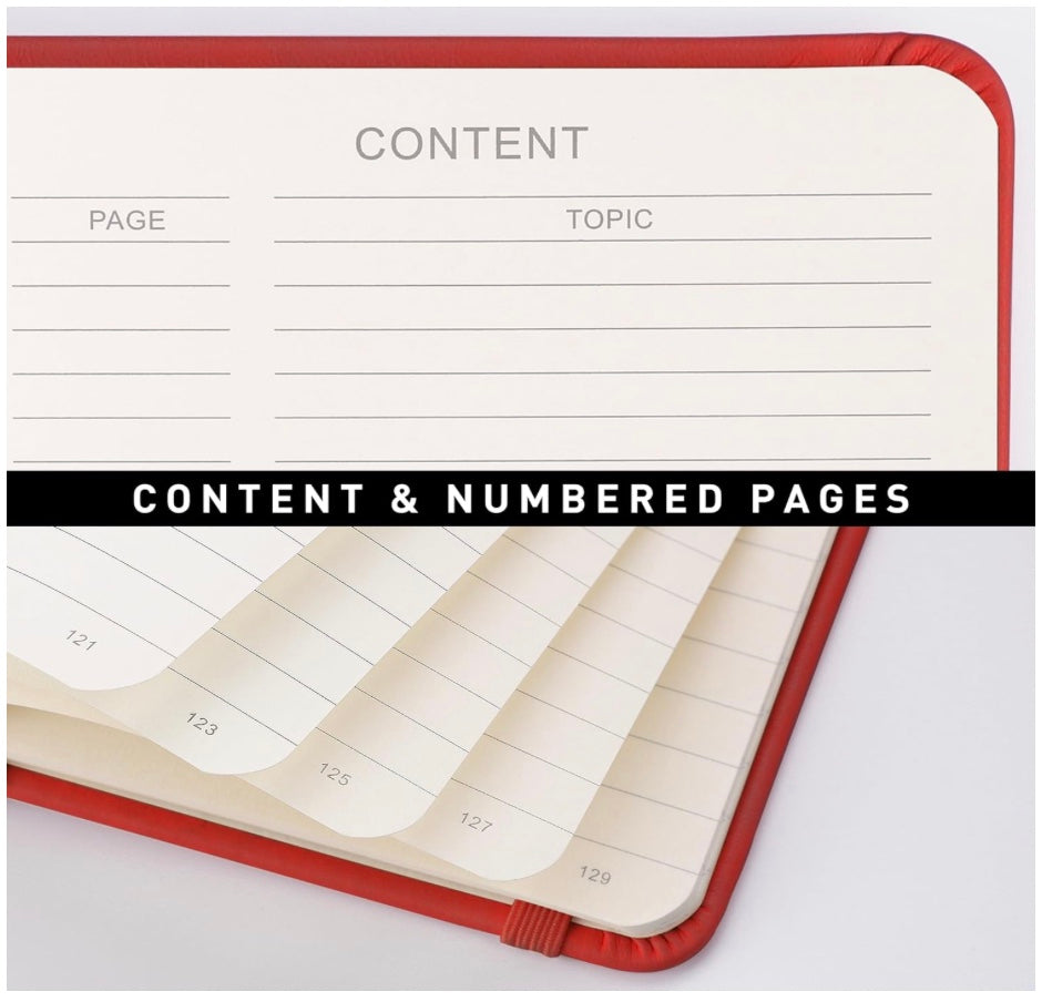 Luxury red hardcover A5 journal with content section and numbered pages for easy organization — premium gift-ready writing notebook