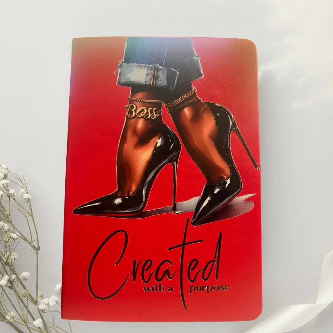 Luxury red hardcover “Created With a Purpose” journal featuring bold Boss heels artwork — gift-ready notebook for writing and journaling