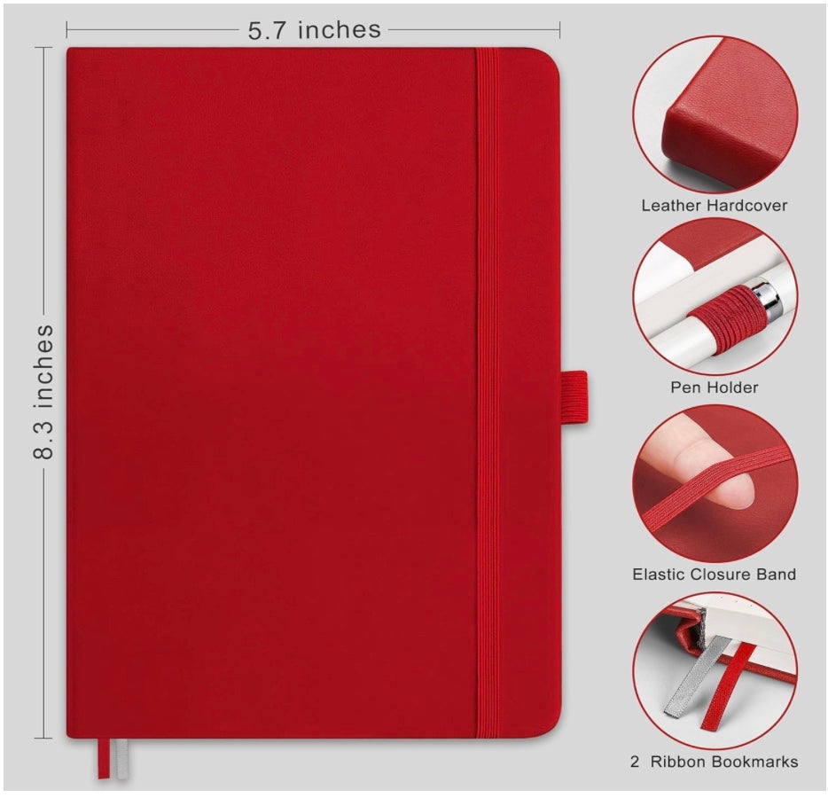 Red leather hardcover A5 journal with pen holder, elastic closure band, and ribbon bookmarks — 5.7 x 8.3 inch gift-ready notebook