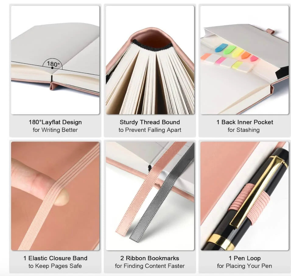 100gsm thick acid-free lined paper with college ruling — 312-page A5 vegan leather journal