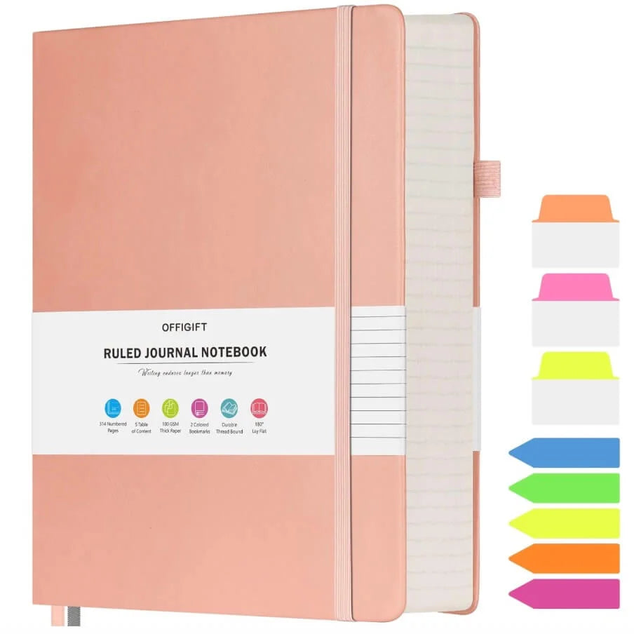 Large A5 pink vegan leather ruled journal notebook with elastic band, 312 numbered pages, and colorful index stickers — premium gift-ready writing journal