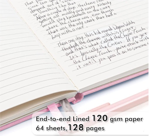 Open pink hardcover A5 journal showing smooth 120gsm lined paper with handwritten notes, dual ribbon bookmarks, and 128 total pages