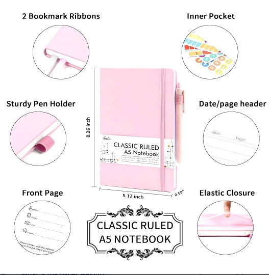 Pink A5 classic ruled notebook with elastic closure, pen holder, dual ribbon bookmarks, inner pocket, date/page headers, and index stickers — luxury hardcover journal